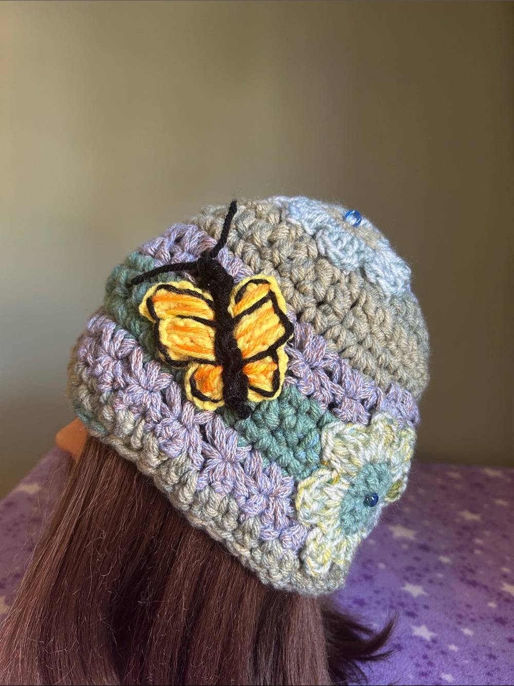 Handmade Crochet Flower Beanie in Pastel Greens medium acrylic